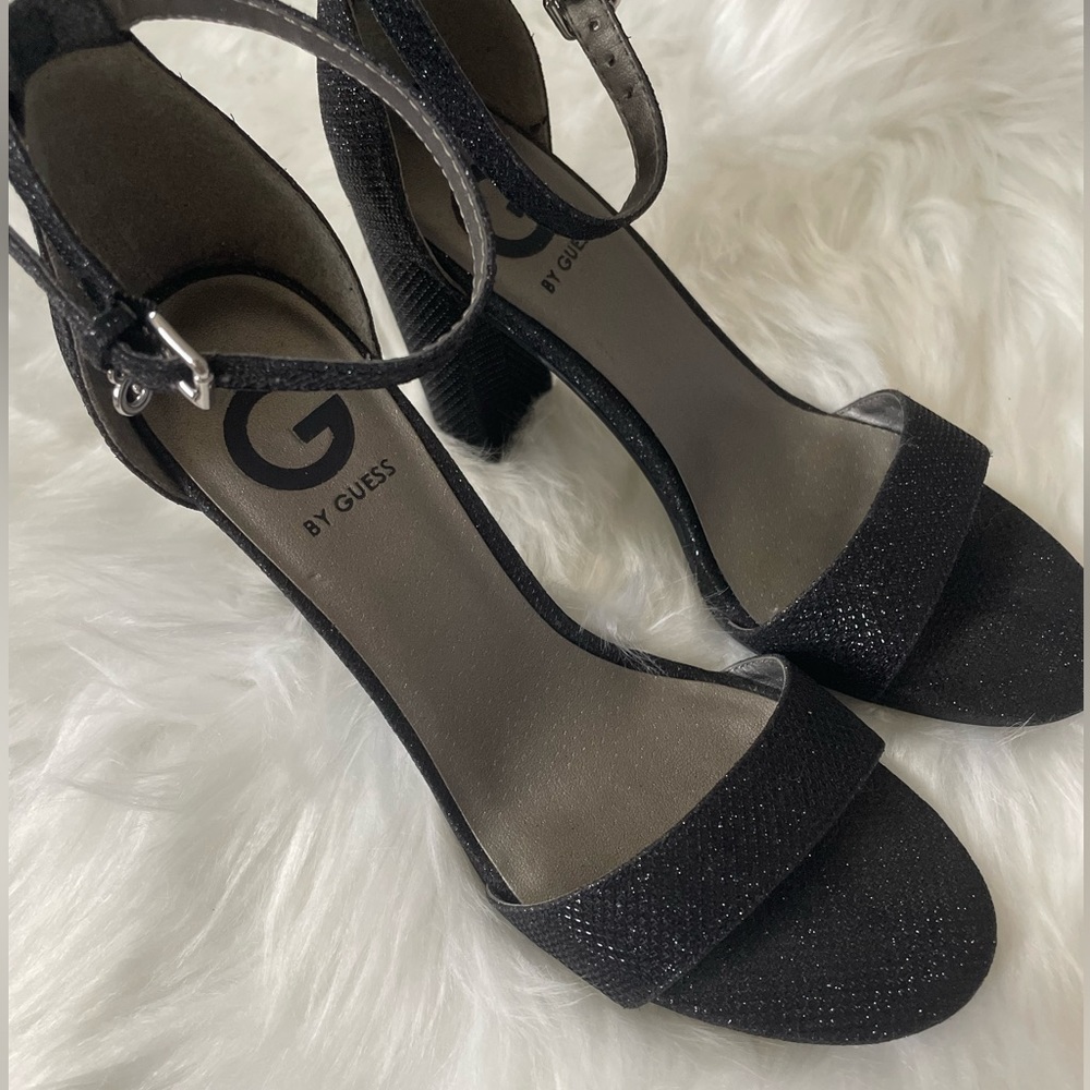 G By Guess Women’s Black Sparkle Ankle Strap Heels